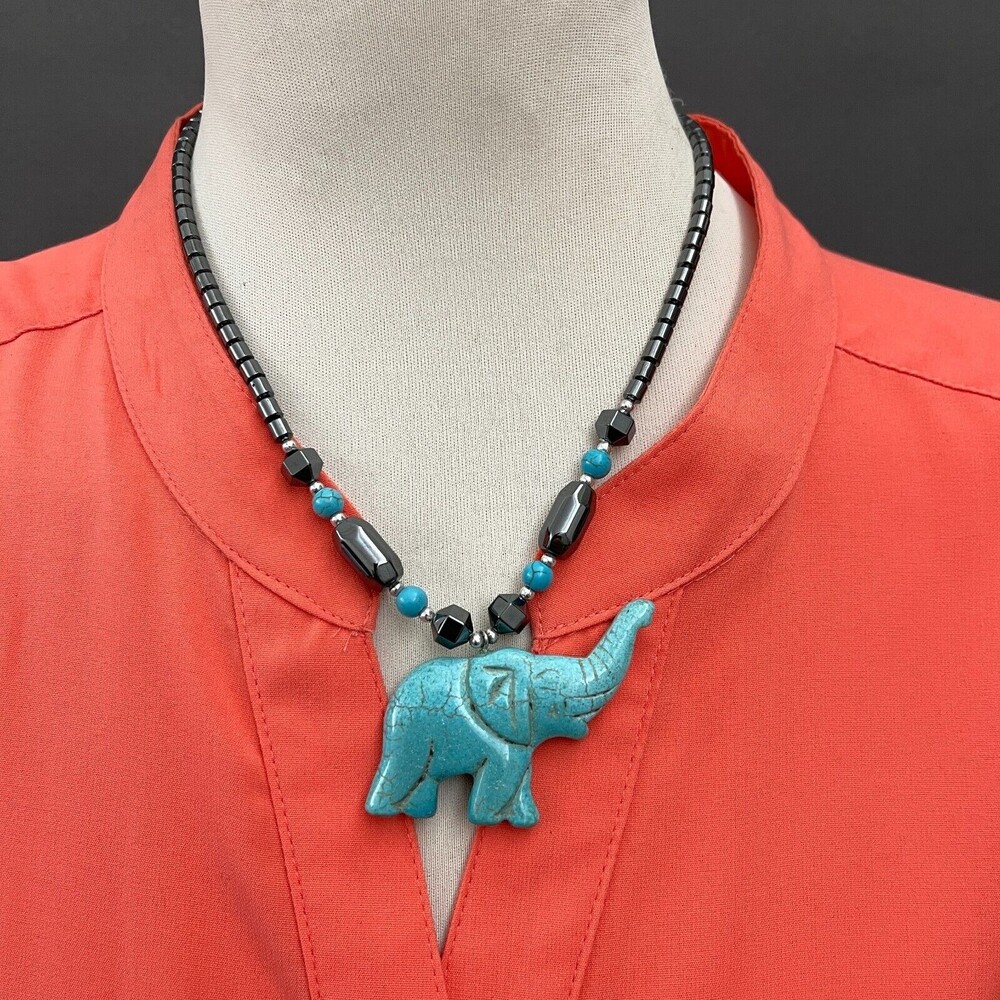 Blue Elephant Pendant Beaded Gray Women's Fashion Necklace